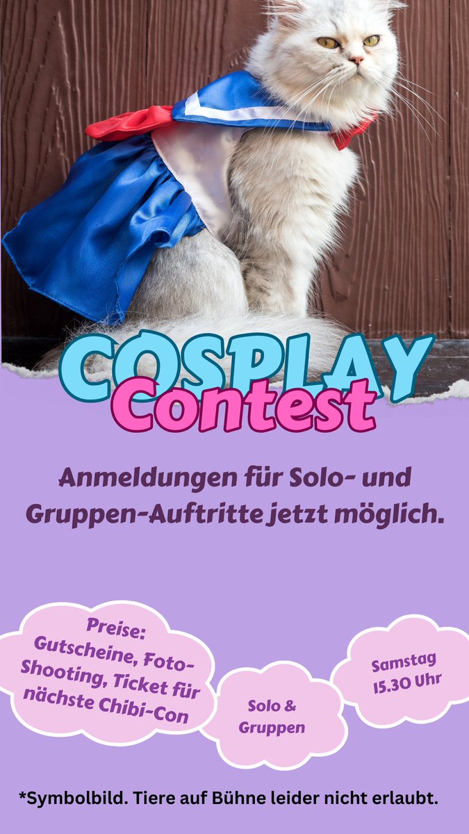📷 Anmeldung für Cosplay-Contest (Samstag) ab sofort geöffnet📷 Zu gewinnen gibt es Gutscheine, ein Foto-Shooting und Tickets für die nächste Chibi-Con.

chibicon.ch/cosplay

 #cosplay  #cosplaycontest #swisscosplay #chibicon #chibicon2023