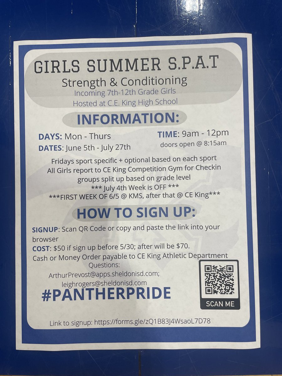 Hot off the press our Summer SPAT is here for all Sheldon female athletes. If you want to close the gap or increase it in athletics this is a key ingredient. ⁦<a href="/and_jl3/">JL3 Sports and fitness training</a>⁩ ⁦<a href="/thedrgrady/">Dr. Amber Grady</a>⁩ ⁦@KHSPanthers⁩ ⁦<a href="/SheldonISD/">Sheldon ISD</a>⁩