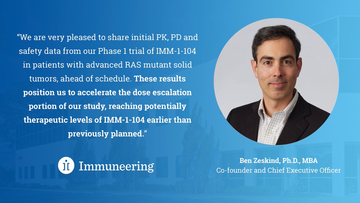 Immuneering's tweet photo. Today we announced positive initial Phase 1 PK, PD &amp; safety data from our universal-RAS program, IMM-1-104, in a poster presentation at #AACR23, representing a major milestone for Immuneering &amp; for cancer patients affected by #RASmutations. Find details: https://t.co/KfPquxs31b https://t.co/Mzzn95f0lv