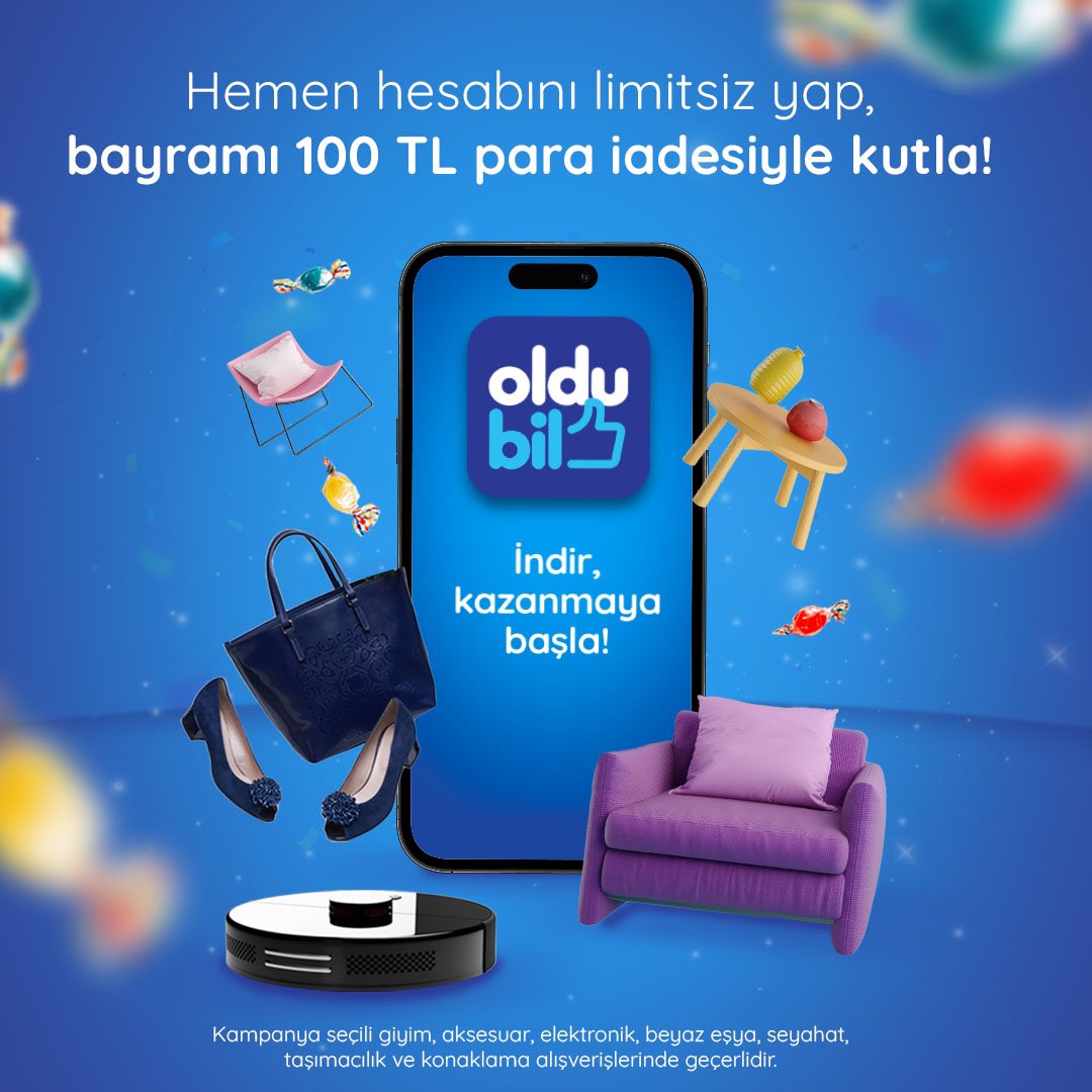 Hesabını hemen limitsiz yap, 100 TL para iadesini OlduBil! OlduBil kartınla 23 Nisan'a kadar giyim, aksesuar, elektrik-elektronik, beyaz eşya, seyahat-taşımacılık ve konaklama alışverişlerinde %10 para iadesi seni bekliyor 🛍️