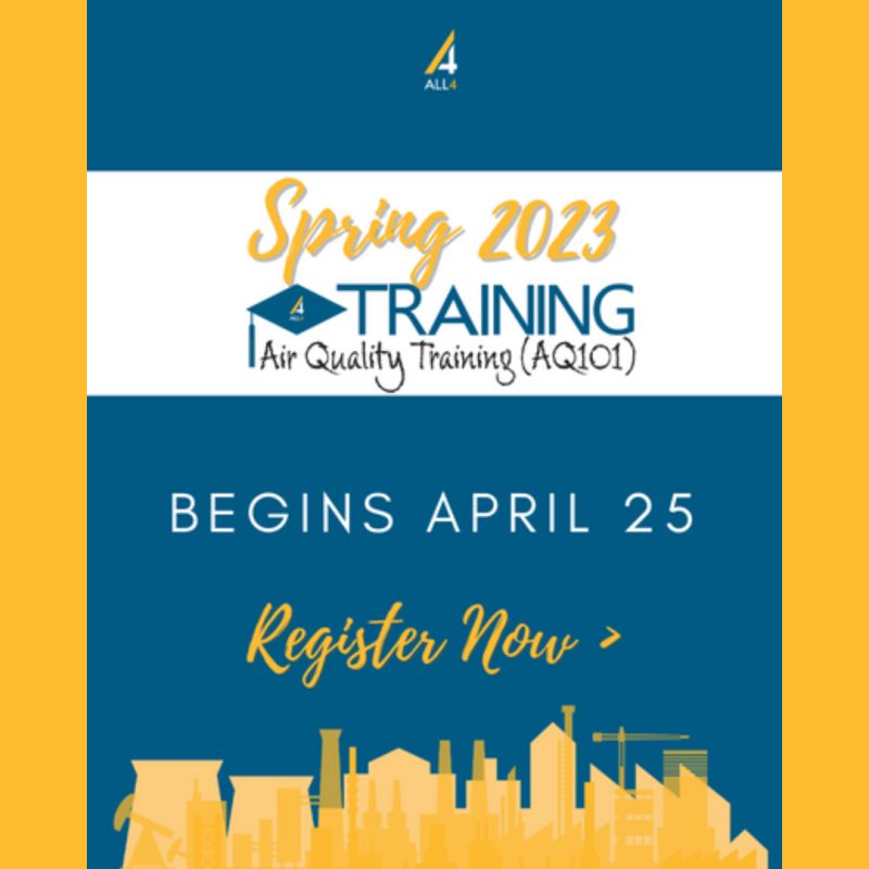 ALL4's Spring session of Air Quality 101 Training begins next Tuesday, April 25th. AQ101 provides a comprehensive and foundational knowledge of the Clean Air Act (CAA) and its various regulatory programs. Learn more and register now: all4inc.com/training/aq101/
#AirQuality