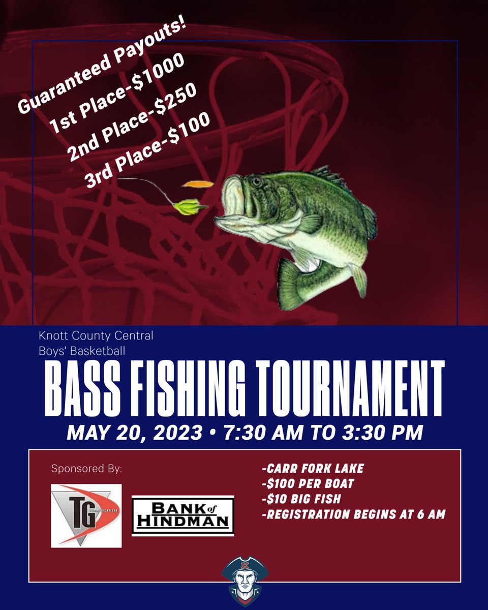 1st Annual Knott County Central Boys’ Basketball Bass Fishing Tournament will be May 20th. Guaranteed payout!! We are excited about this opportunity to raise money for our boys while utilizing our local resources. Thanks to our sponsors The Bank of Hindman and Thacker &amp; Grigsby!!