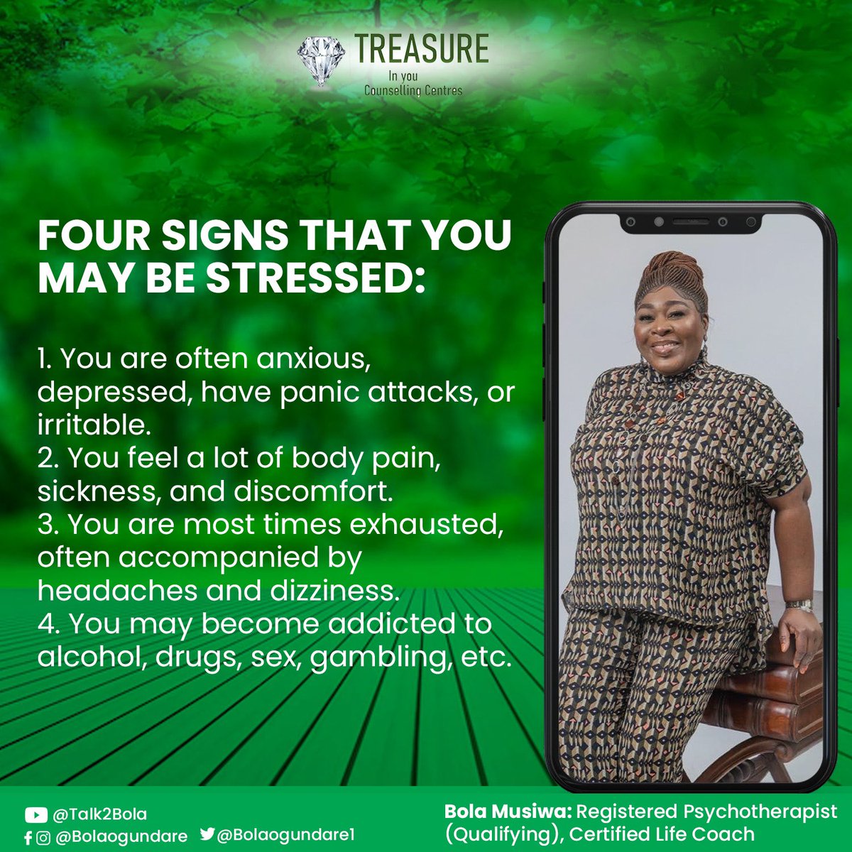 Are you dealing with stress? Then try these tips consistently. 

#BolaOgundare #TreasureInYouCounselling #Stressless #Stressrelieving #Stresslevel  #Stressful #Stresscoach #Stressmanagementcoach #Stresslesslivemore