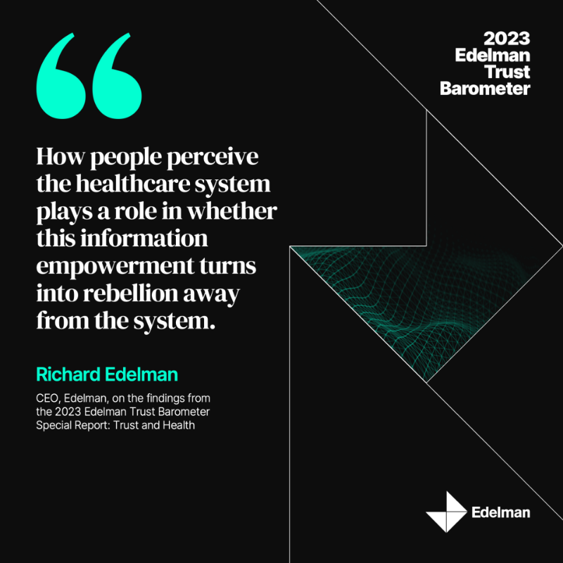 EdelmanPR's tweet photo. Our CEO, Richard Edelman, explores the findings of the 2023 #TrustBarometer Special Report on Trust and Health, highlighting the fractures in the health system caused by economic fears, expansive expectations, and systemic concerns.