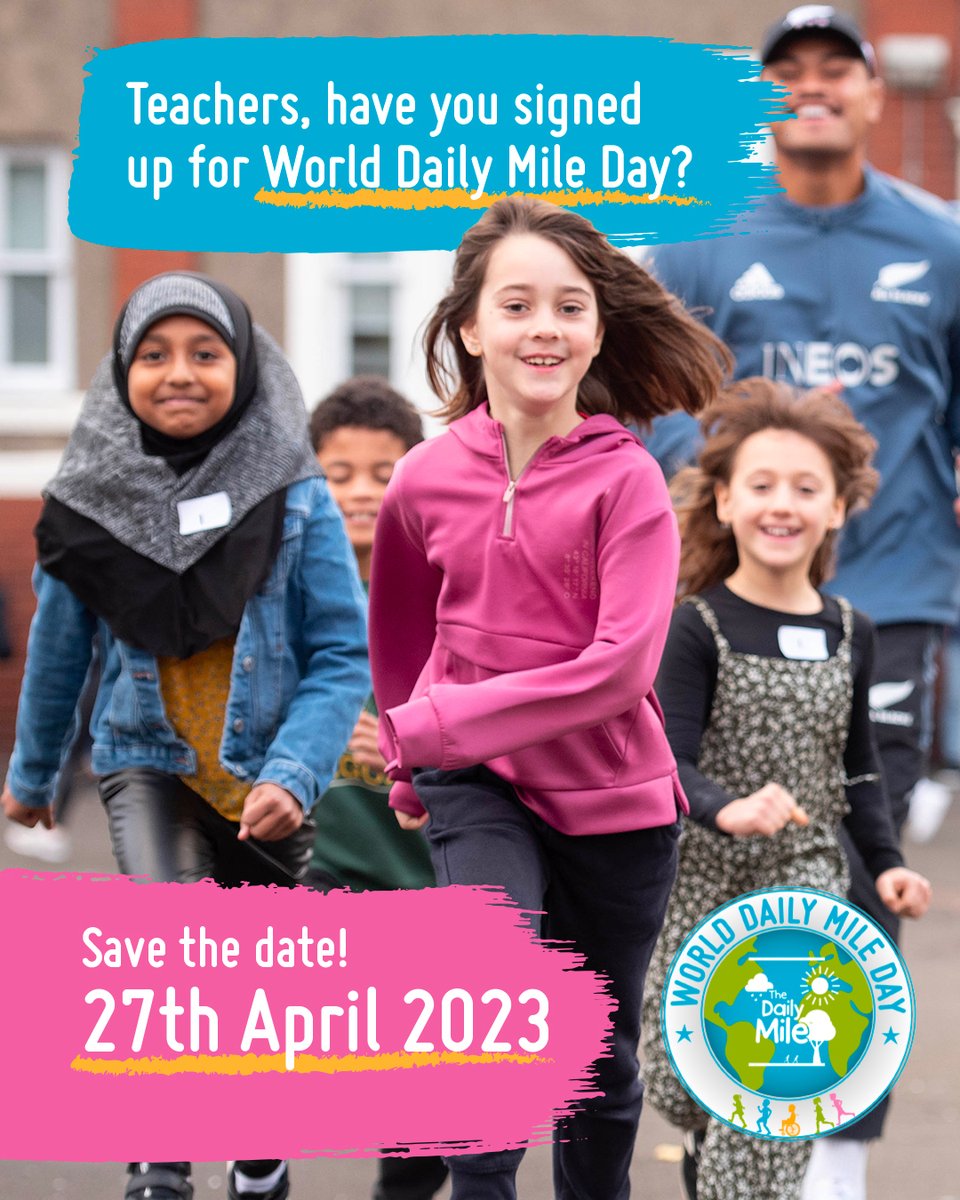 👇 Teachers/headteachers have you registered your school/EYS for the #WorldDailyMileDay event yet? It's not too late to join us ➡️ rb.gy/o3jb5

Reminder for those affected by the planned NEU strikes in 🏴󠁧󠁢󠁥󠁮󠁧󠁿 we have extended celebrations to any day between 24-28th April!