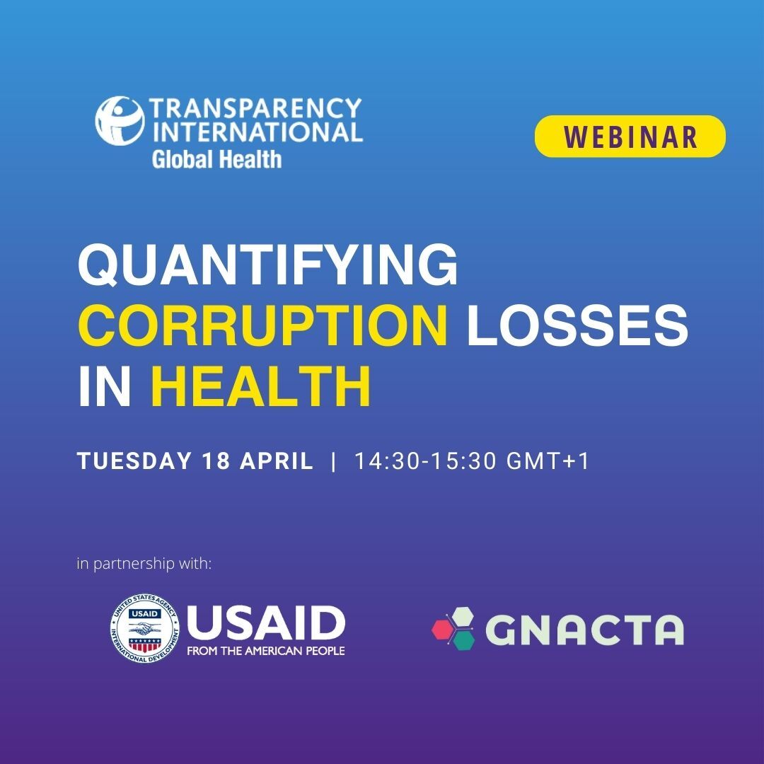 Happening today! 

Join us at 14:30 GMT+1 for Quantifying corruption losses in health.

This is our first #globalhealth webinar in a series in partnership with @USAIDGH and the @WHO's GNACTA.

us06web.zoom.us/j/86108645866#…