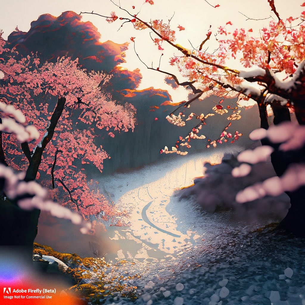 Original Japanese landscape with cherry blossoms, snow and autumn leaves in full bloom
#AdobeFirefly
