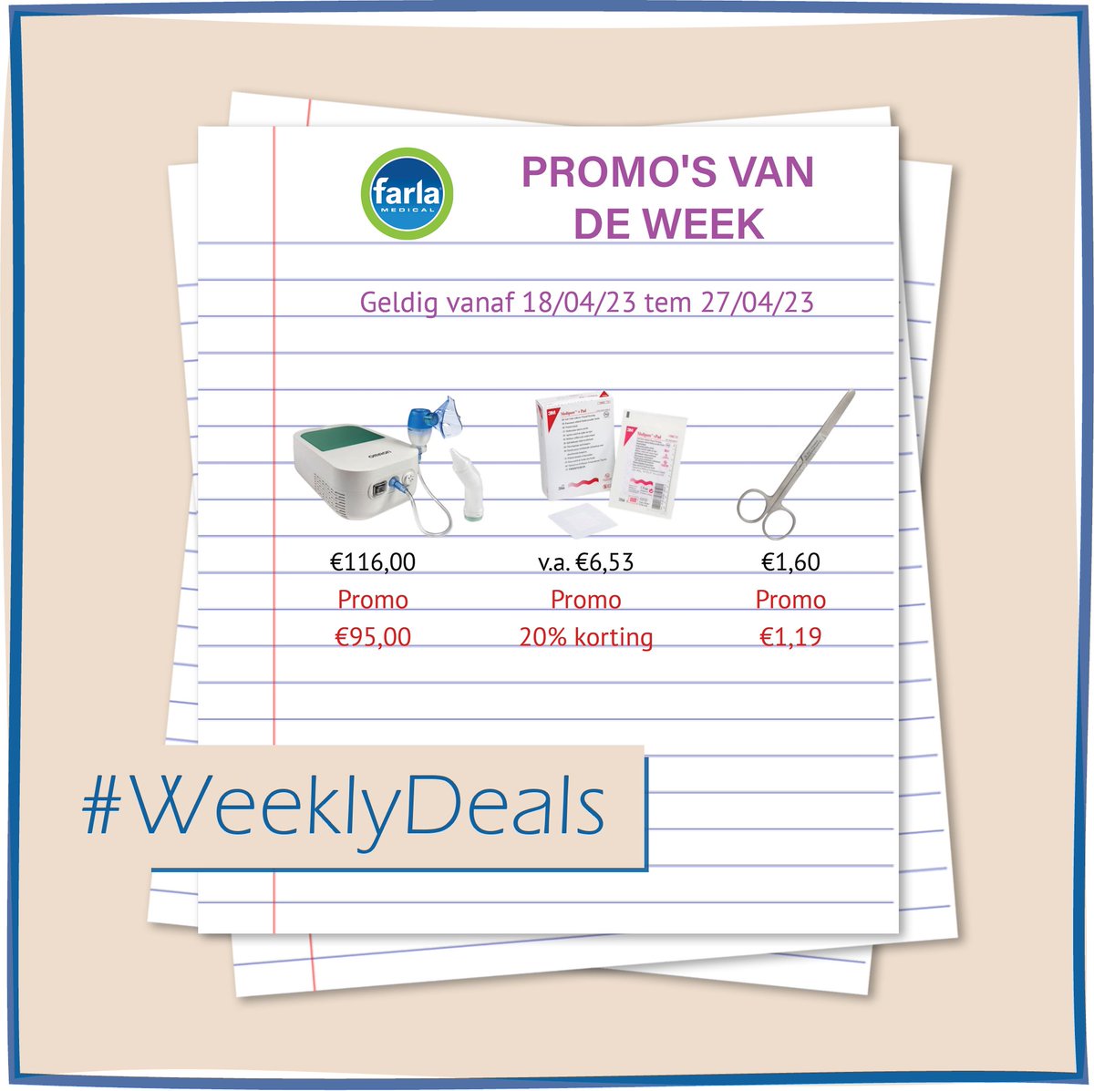 FarlaMedical's tweet photo. Ontdek de promo's van de week (18/04 tem 27/04)!
#farlamedical #promotie #deals #promosvandeweek #medical #medischmateriaal #omron #omronduobaby #medipore #mediporetape #3m #steriele_instrumenten #verbandschaar #wondverzorging 

https://t.co/eBZ7s09HPo https://t.co/xCe3auuACd