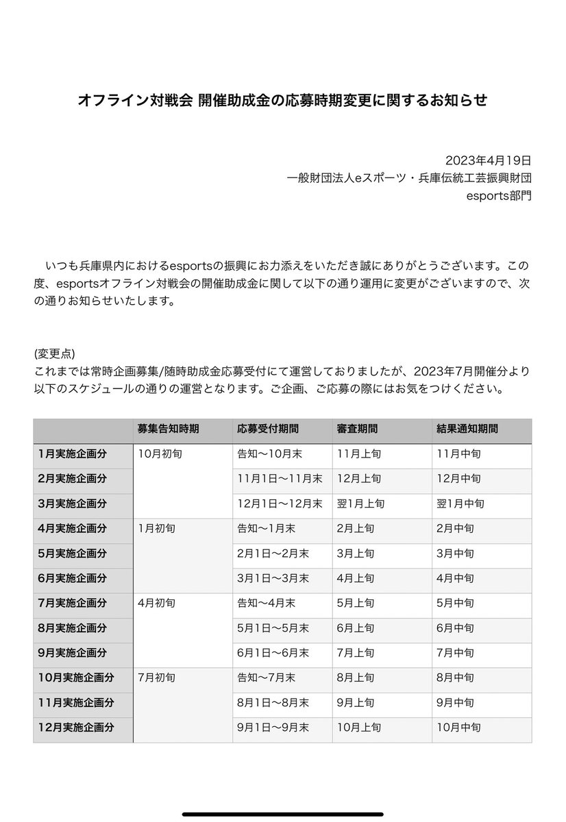 ETF_esports_JPN's tweet photo. 拡散協力をお願いいたします🙇‍♂️

オフライン対戦会 開催助成金に関するお知らせ

これまで常時企画募集/随時助成金申請受付で運営してまいりましたが、運営ルールに一部変更がありますのでお知らせいたします。

詳しくは画像の文書をご確認くださいっ

#兵庫オフライン対戦会 https://t.co/2t7qZqvzUu