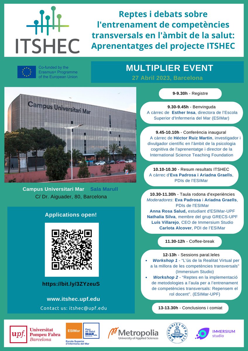 ItshecE's tweet photo. Jornada - Multiplier Event: "Reptes i debats sobre l'entrenament de competències transversals en l'àmbit de la salut: Aprenentatges del projecte ITSHEC" https://t.co/Wr62Fwzahm