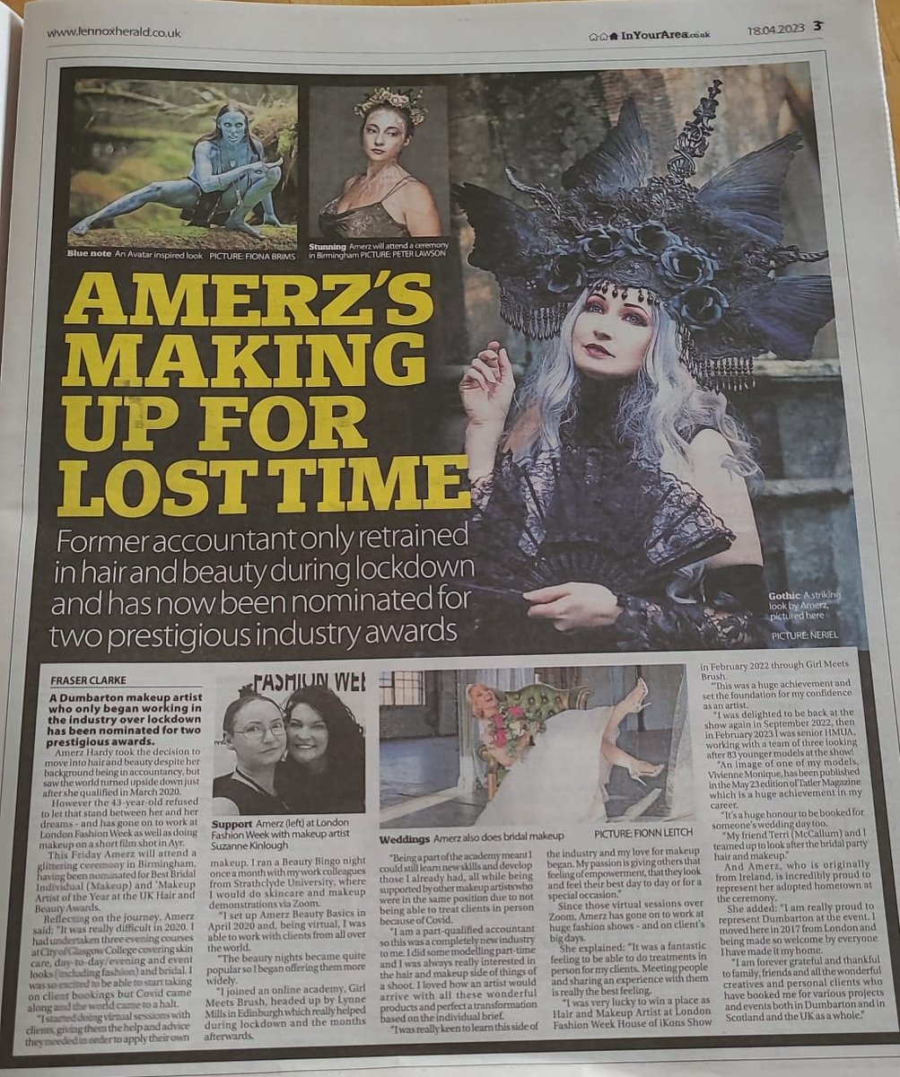 TFTTripper's tweet image. Thank you Fraser at @LennoxHerald for this amazing write-up on Amerz Beauty Basics.

Fingers crossed for Friday! 
Makeup Artist of the Year
Best Bridal Makeup (Individual)
UK Hair and Beauty Awards 

#glasgowmakeupartist #dumbartonmakeupartist
#hairandmakeupuk