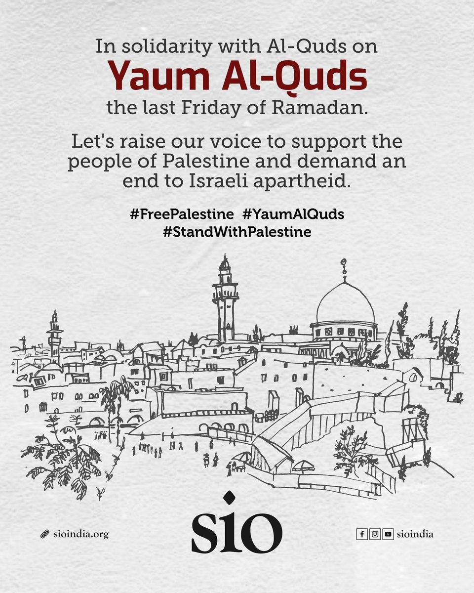 In Solidarity with Al-Quds on Yaum Al-Quds, the last Friday of Ramadan

Let's raise our voice to support the people of Palestine and demand an en end to Israeli apartheid.

#FreePalestine
#YaumAlQuds
#StandWithPalastine