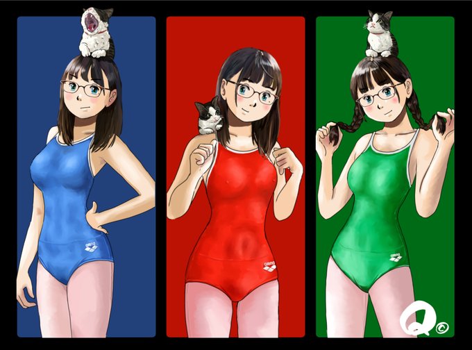 去年の今頃(4月)はこんなスク水イラストを描いてました。😱🟦🟥🟩 