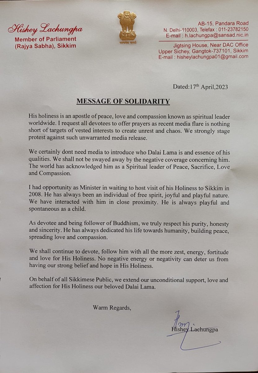 PD Rai (@premdasrai) on Twitter photo I stand in Solidarity with HH Dalai Lama. I fully endorse the sentiments expressed by my young colleague Rikzing Norbu Dorjee here: fb.watch/j_4CLcxwwz/?mi… and also by my colleague MP Hushey Lachungpaji <a href="/YoudonAukatsang/">Youdon Aukatsang དབུ་དཀར་ཚང་གཡུ་སྒྲོན།།</a> I stand in Solidarity with HH Dalai Lama. I fully endorse the sentiments expressed by my young colleague Rikzing Norbu Dorjee here: fb.watch/j_4CLcxwwz/?mi… and also by my colleague MP Hushey Lachungpaji <a href="/YoudonAukatsang/">Youdon Aukatsang དབུ་དཀར་ཚང་གཡུ་སྒྲོན།།</a>