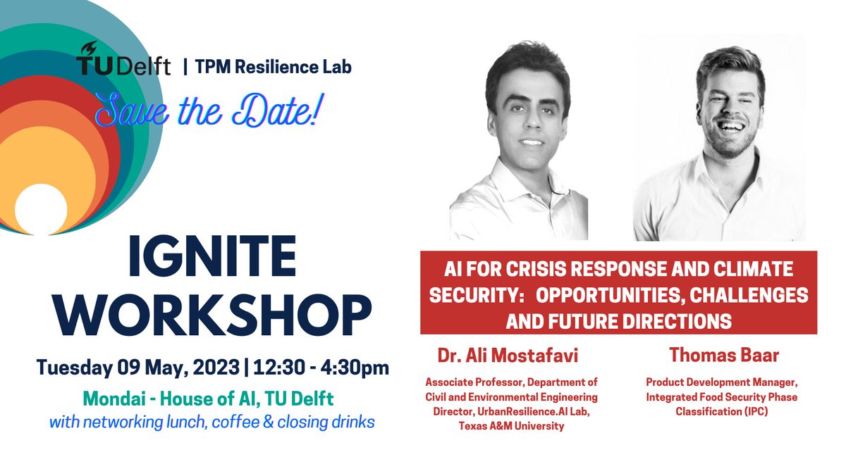 Tina Comes (@tinacomes) on Twitter photo 📝Save the Date!
Looking forward to our first @tudelftTBM #Resilience Lab #Ignite Workshop with the fantastic <a href="/Mostafavi_Ali/">Ali Mostafavi ✨️</a> and <a href="/BaarThomas/">Thomas Baar</a>! Supported by <a href="/4TUResilience/">4TU Centre for Resilience Engineering (inactive)</a> and #Mondai, we will discuss the role of #AI for #CrisisResponse and #Climate Security on May 9 - stay tuned. 📝Save the Date!
Looking forward to our first @tudelftTBM #Resilience Lab #Ignite Workshop with the fantastic <a href="/Mostafavi_Ali/">Ali Mostafavi ✨️</a> and <a href="/BaarThomas/">Thomas Baar</a>! Supported by <a href="/4TUResilience/">4TU Centre for Resilience Engineering (inactive)</a> and #Mondai, we will discuss the role of #AI for #CrisisResponse and #Climate Security on May 9 - stay tuned.