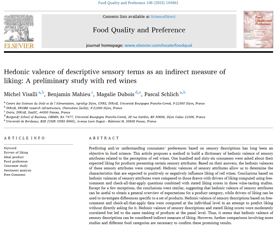 From a lexicon of wine sensory attributes each associated to a valence index (how much this attribute is usually appreciated in a wine), one can predict fairly well liking of a wine just described by Ckeck-All-That-Apply or Free-comment data.
doi.org/10.1016/j.food…