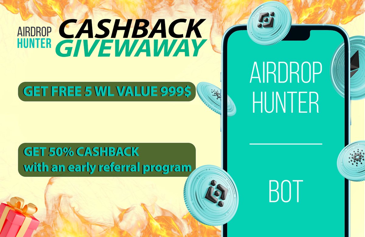 😈 Hunters! 

🍗 Still greedy? You must be.
We announce #giveaway #cashback:

1️⃣ 5 WL with #AIRDROP access, value 999$ EACH
✅ To get WL go to #GLEAM and fulfill the tasks!
gleam.io/EOKBI/airdrop-…

2️⃣ 50% CASHBACK from each referral
✅  Invitation ⤵️
app.airdrop-hunter.site