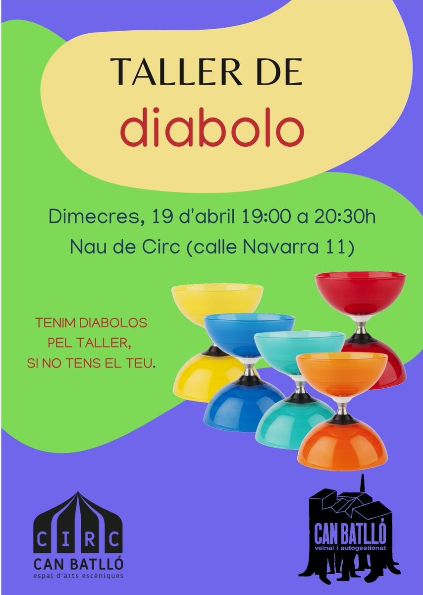 PapallonaCircus's tweet photo. 🙋‍♀️👇 Mañana, miércoles 19 de abril

⚡️Taller de diábolo ⚡️

⏰ De 19.00 a 20:30
📍 Nau de Circ (C/ Navarra 11)

#CanBatlló #malabares #diábolo #circo @CanBatllo https://t.co/yZyf7VX8lC