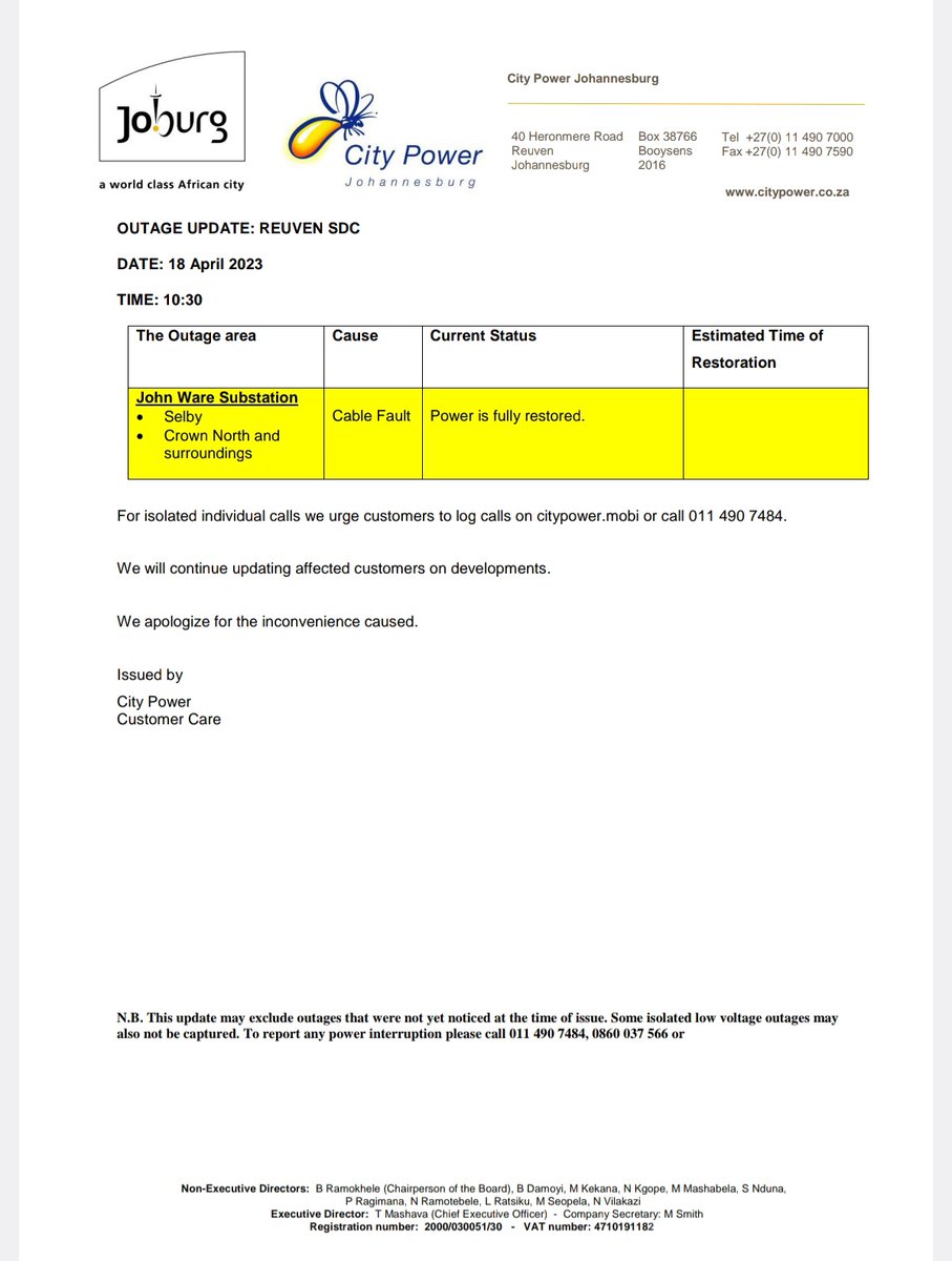CityPowerJhb's tweet photo. #Update
#ReuvenOutage
Power is restored #JohnWareSub ^HN https://t.co/4E9FIjX2Zo