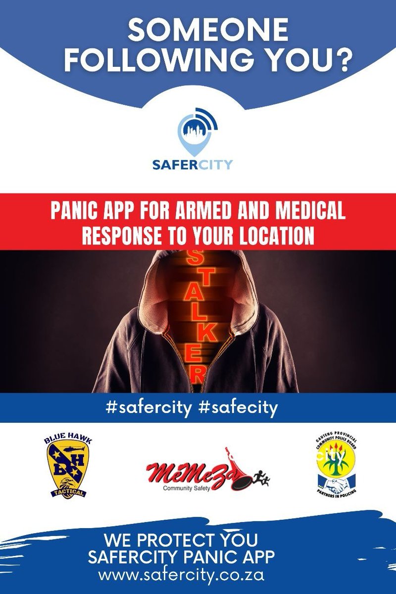 SafercityZA's tweet photo. SOMEONE FOLLOWING YOU?

A Panic app for Armed and Medical Response to your Location

-TRACK ME
-CRIME REPORTING
-PANIC &amp; MEDICAL RESPONSE
 
Download the SaferCity Panic app today
GOOGLE: https://t.co/LkblfbX8l6

https://t.co/UVZfndFwLV

We Protect You
#safercity #safecity https://t.co/j3d9UNGKCU