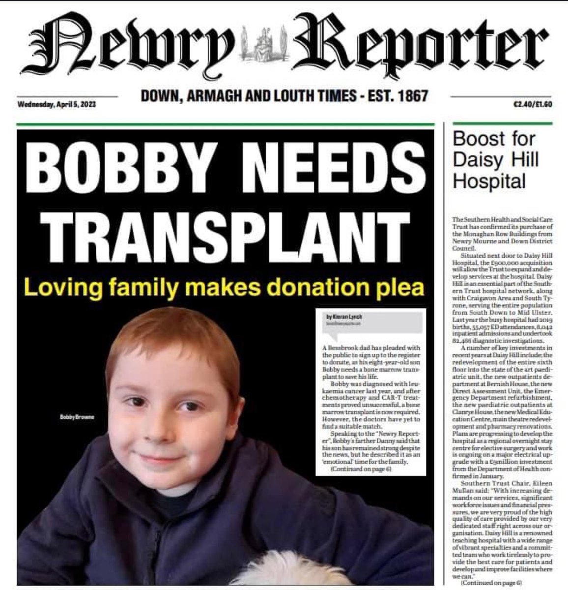 Eimears_Wish's tweet photo. @AirAmbulanceNI @GiveBloodNI please share: 8, year old Bobby needs to find a matching bone marrow donor to have any chance of surviving his life threatening illness. Anyone in good health and aged 17-55 can join the bone marrow donor register @DKMS_uk https://t.co/DU2gLdy0sI