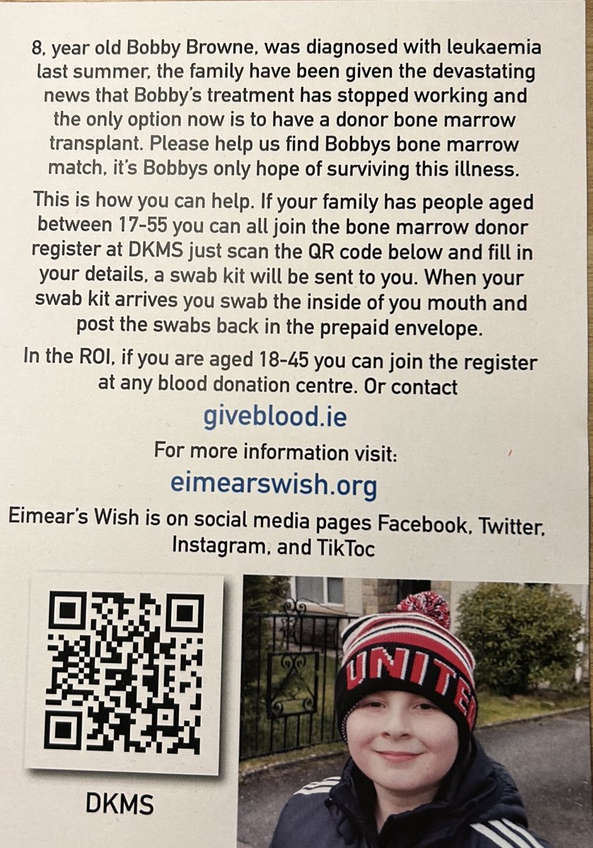 Eimears_Wish's tweet photo. @AirAmbulanceNI @GiveBloodNI please share: 8, year old Bobby needs to find a matching bone marrow donor to have any chance of surviving his life threatening illness. Anyone in good health and aged 17-55 can join the bone marrow donor register @DKMS_uk https://t.co/DU2gLdy0sI