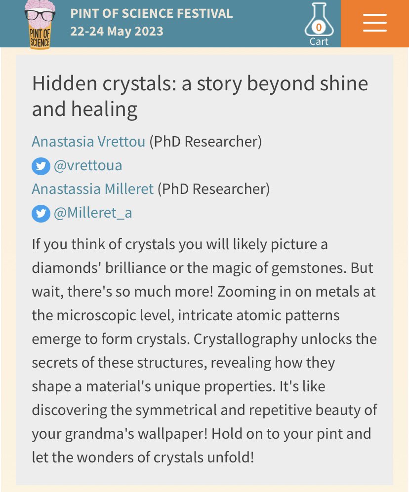 Milleret_a's tweet photo. We are going to talk about crystals with @vrettoua at @pintofscience the 24th of May! Come and join us @ the Hop Garden (Harborne) for a good pint and a nice talk 🍻
#pint23 #pintbham23 https://t.co/1JHneTXPQg