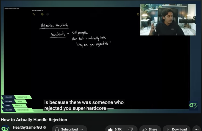 167,933 views  5 May 2022
Sometimes it can feel like work has taken over your life and there’s no time for anything else BUT work. This isn’t how it has to be. Healthy Gamer Career Coaches can help you set up better work-life balance so you can get back to enjoying life and not be a machine. Find out more here: https://bit.ly/3kFPhdP

Find us on Instagram, Twitter, TikTok, and more here: https://wlo.link/@healthygamer

▼ Timestamps ▼
────────────

0:00 - Preview
0:49 - Reddit Post "I have a hard time dealing with rejection"
4:24 - Rejection Sensitivity
22:22 - Questions

────────────
Today Dr. K talks about rejection, how to actually deal with rejection, why you struggle with rejection, and more! Healthy Gamer also talks about being sensitive to rejection, avoiding rejection, and more!

────────────

DISCLAIMER
Healthy Gamer is an online community and resource platform for gamers and their families. It does not provided medical services or professional counseling, and it is not a subst