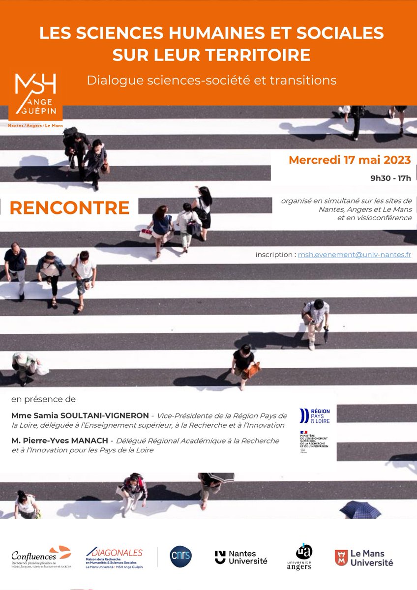 [SAVE THE DATE] Rencontre 'Les SHS sur leur territoire : dialogue sciences-société et transitions' 📆 17/05 📌 en simultané à Nantes / Angers / Le Mans et 🖥️ en visio organisé avec @SFRConfluences et Maison de la Recherche #Diagonales Infos ⤵️ tinyurl.com/SHS-territoire…