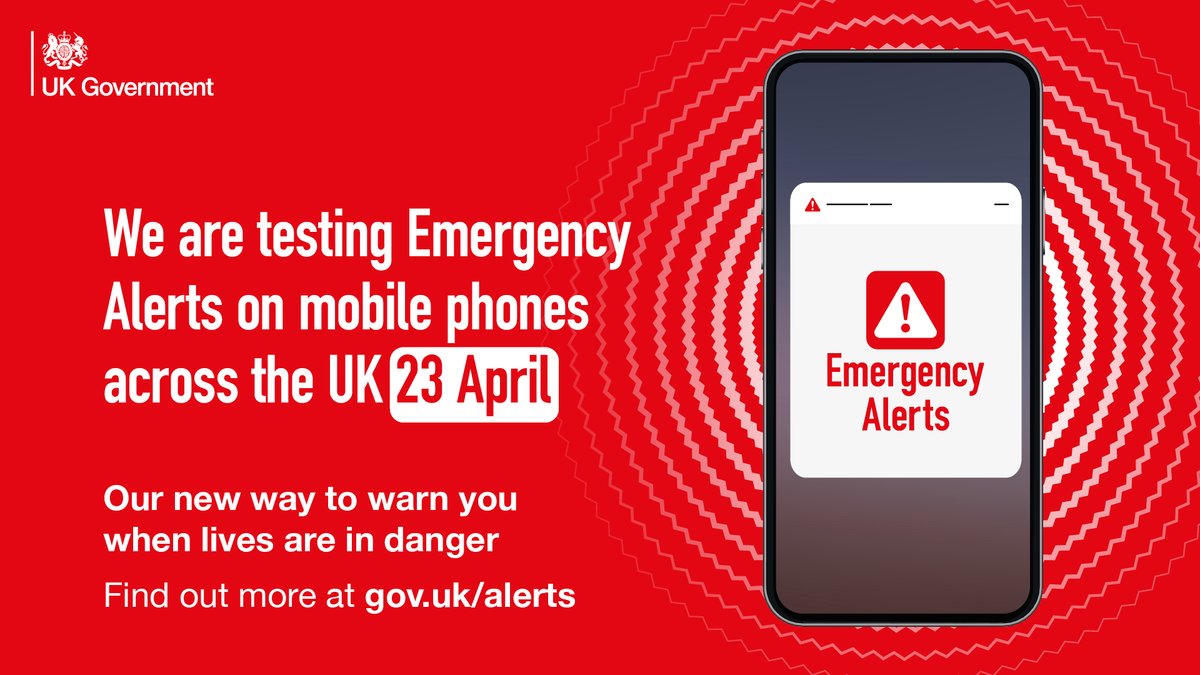 🚨The Government will be testing the new Emergency Alert service this Sunday.

➡️All compatible mobile phones in the UK will receive an Emergency Alert -  a loud, siren-like sound accompanied by a message on your mobile phone screen.

🔗Find out more: gov.uk/alerts