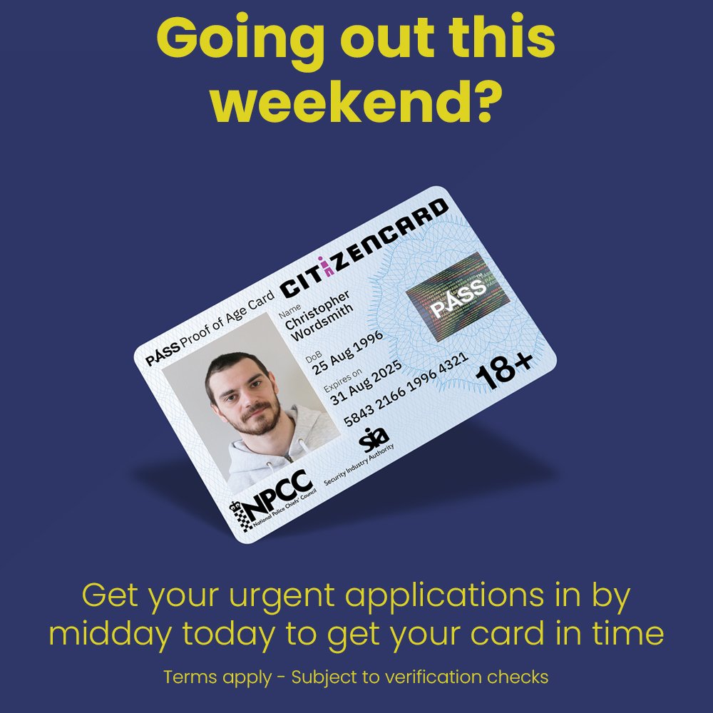 CitizenCard's tweet photo. Need ID this weekend? Want to leave your passport at home? Urgent applications take just 1-2 working days to process so get your applications in early to receive them in time! 🎉🥂🥳
#photoid #ukid #goingout #proofofage #passportdelays
T&Cs apply, subject to verification checks https://t.co/ZZWaGeAKki