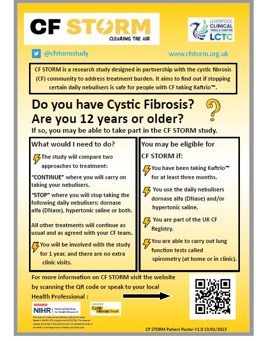 CF STORM (@cfstormstudy) on Twitter photo Could you help us with the <a href="/cfstormstudy/">CF STORM</a>? For more information, please visit cfstorm.org.uk or use the QR code on the poster below.
<a href="/livuni_LCTC/">Liverpool Clinical Trials Centre (LCTC)</a> <a href="/cftrust/">Cystic Fibrosis Trust</a> <a href="/NIHRresearch/">National Institute for Health and Care Research</a> #cysticfibrosis Could you help us with the <a href="/cfstormstudy/">CF STORM</a>? For more information, please visit cfstorm.org.uk or use the QR code on the poster below.
<a href="/livuni_LCTC/">Liverpool Clinical Trials Centre (LCTC)</a> <a href="/cftrust/">Cystic Fibrosis Trust</a> <a href="/NIHRresearch/">National Institute for Health and Care Research</a> #cysticfibrosis