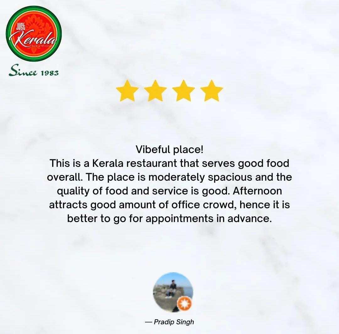Our guests say it best!

Thanks for the love and support 🙌

To Book your Table or Order
Call 8928987146

#JustKerala #RestaurantReviews #FoodieLove #InstaFood #KeralaCuisine