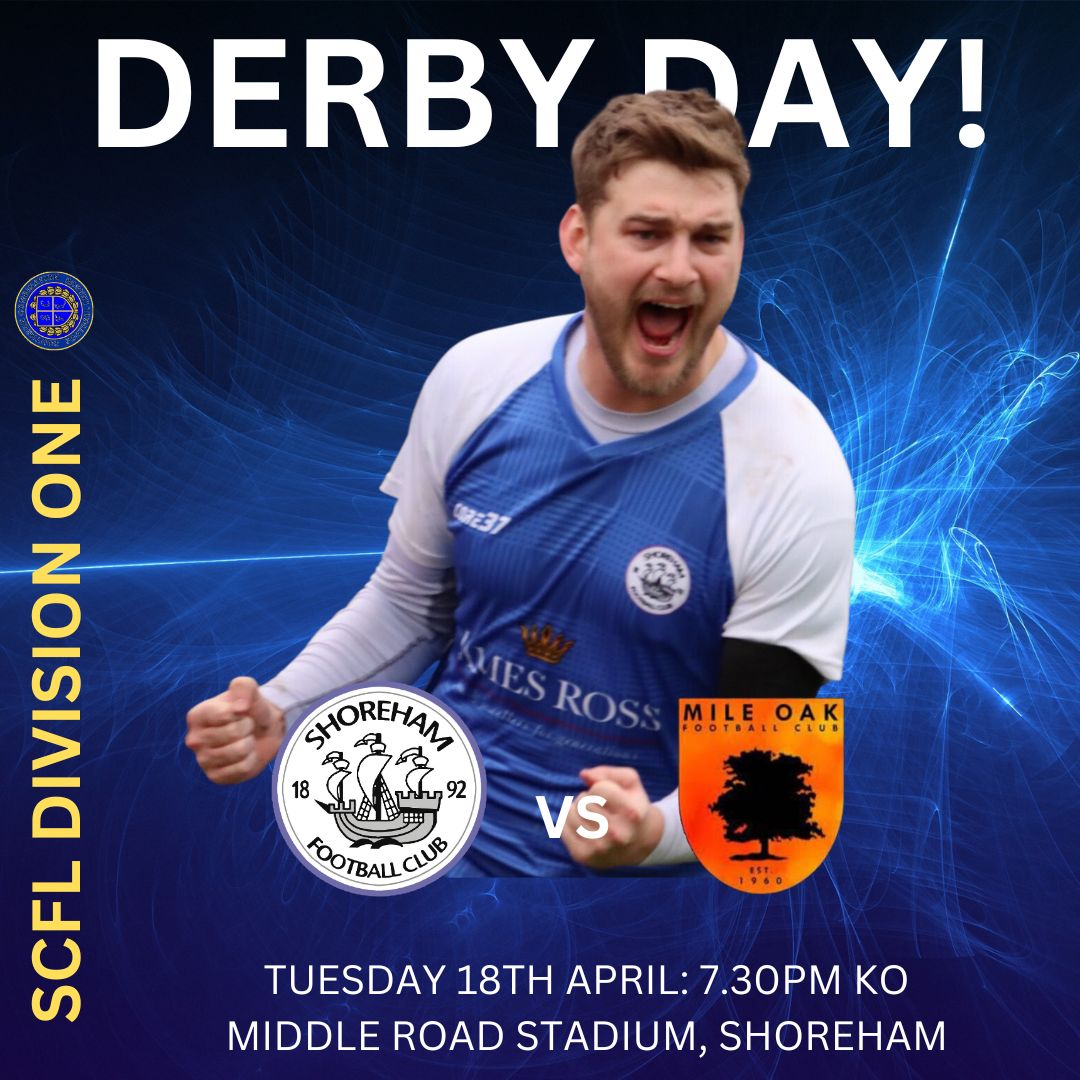 ShorehamFC's tweet photo. Our rescheduled Derby match is tonight v @mileoak_fc get down to support the #musselmen to help with their title race tonight at Middle Road. @TheSCFL @SportSussex @Shoreham_Herald https://t.co/48xFiRshtc