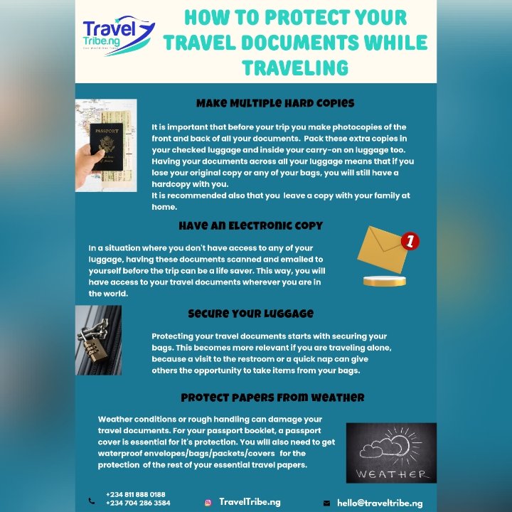 TravelTribeNG's tweet image. Hello Travel Tribers, it&apos;s another Tuesday Travel Tips #TTT episode. Find out more below 👇on how to protect your travel documents while on a trip.
#TuesdayTravelTips #traveldocuments #safety #TravelTribeNG #Flights #Visas #CorporateTravel #tours