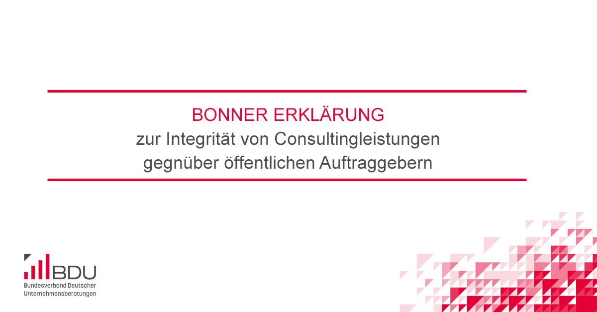 #BDU setzt seine #Qualitätsinitiative zur Verbesserung der Zusammenarbeit von Auftraggebern aus dem Öffentlichen Sektor mit Unternehmensberatungen fort: „Bonner Erklärung zur Integrität von Consultingleistungen gegenüber öffentlichen Auftraggebern“  bdu.de/news/bonner-er…