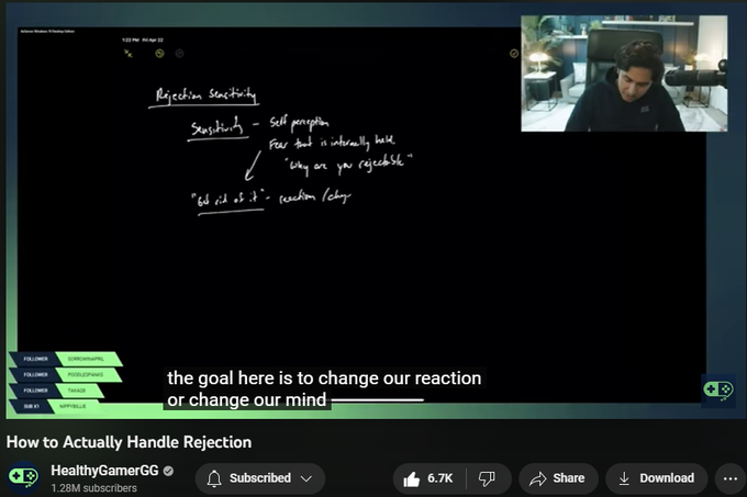 167,933 views  5 May 2022
Sometimes it can feel like work has taken over your life and there’s no time for anything else BUT work. This isn’t how it has to be. Healthy Gamer Career Coaches can help you set up better work-life balance so you can get back to enjoying life and not be a machine. Find out more here: https://bit.ly/3kFPhdP

Find us on Instagram, Twitter, TikTok, and more here: https://wlo.link/@healthygamer

▼ Timestamps ▼
────────────

0:00 - Preview
0:49 - Reddit Post "I have a hard time dealing with rejection"
4:24 - Rejection Sensitivity
22:22 - Questions

────────────
Today Dr. K talks about rejection, how to actually deal with rejection, why you struggle with rejection, and more! Healthy Gamer also talks about being sensitive to rejection, avoiding rejection, and more!

────────────

DISCLAIMER
Healthy Gamer is an online community and resource platform for gamers and their families. It does not provided medical services or professional counseling, and it is not a subst