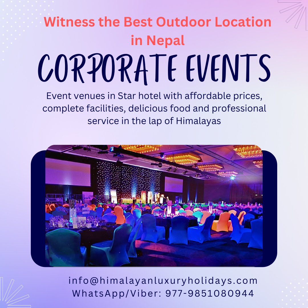Join us to explore the best ever outdoor venues/locations for corporate events.
For booking:
info@himalayanluxuryholidays.com
WhatsApp/ Viber: 977-9851080944
#corporateevents #outdoorvenue 
#micetourism #eventmangement 
#luxuryevent #businesstravel 
#eventlocation #dmc