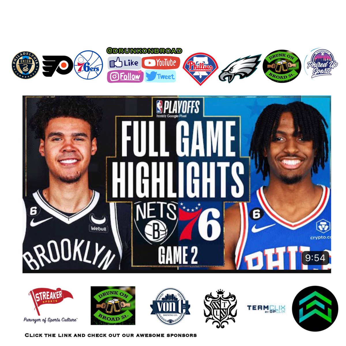 drunkonbroad's tweet photo. @phiredupsports Sports Network 
@sixers beat the @brooklynnets 96-84 #BrotherlyLove  
📺 https://t.co/L6MmLn7DFd

☎️ Call THE BROAD STREET LINE ➡️267-405-3062 
Sponsors @La_Touraine @_teamclix @LevelUpSnacks @streakersports @voncbrewing
Cheers 🍻https://t.co/fw29e2zMfX https://t.co/1rKOU005G1