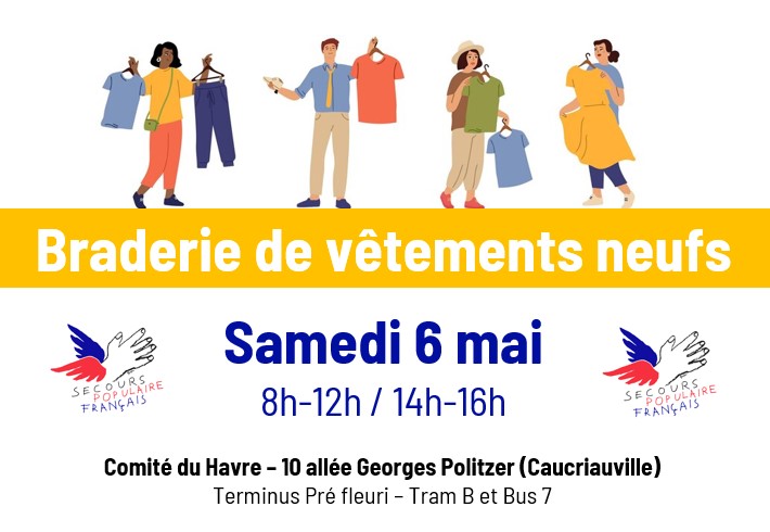 SecoursPop_LH's tweet photo. A noter dans vos agendas 📷
#Vente de #vêtements neufs (homme - femme - enfant) Toutes saisons
Le samedi 6 mai - 8h/2h et 14h/16h
Dans nos locaux : 10 allée G. Politzer LH
#solidarite #lehavre #secourspopulaire @NLebreuil @DThieulent https://t.co/8vzlaAJu1E