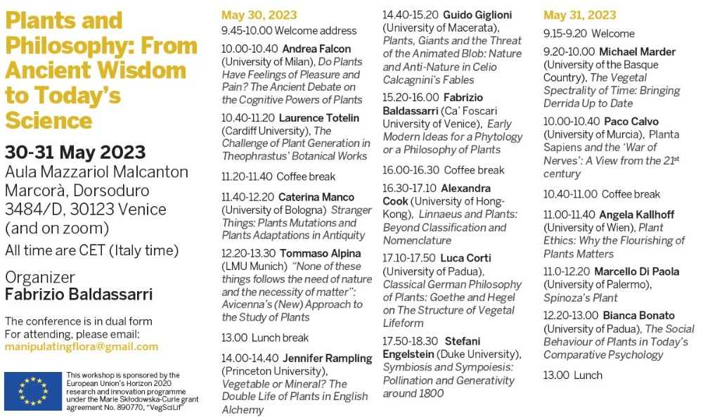 FabrizioBaldas6's tweet photo. Programme available: Conference 🌳 Plants &amp; Philosophy🌿 (Venice, May 30-31, 2023)
@CaFoscari @MSCActions @BloomingtonHps #CREMT #VegSciLif #manipulatingflora @TommyHilfigo and many other scholars!
Attendance is free either in person or online https://t.co/9w90hY0pCr