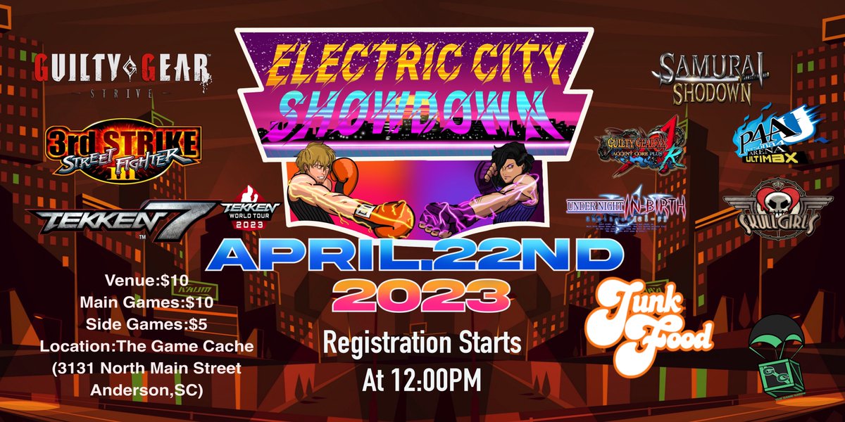 4 Days away from the Next Electric City Showdown!!! We got some great games included in this months tournament! #TEKKEN7 Fans we got a #TWT Dojo Event, So come-out and show-out and earn yourself some points!!

Registration Starts @ 12:00pm

Sponsor:<a href="/junkfoodarcades/">JunkFood Custom Arcades</a>