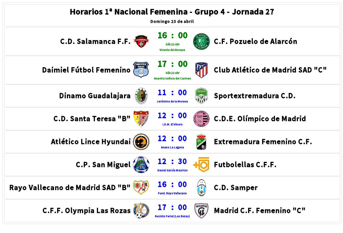PyterBaelish's tweet photo. Horarios 1ª Nacional Fem.G4 J27
📆Sábado 22
🕓16:00 @cdsalamancaff🆚@PozuFem
🕔17:00 @DaimielFemenino🆚@AtletiFemenino C https://t.co/ucpzYnBf9I
