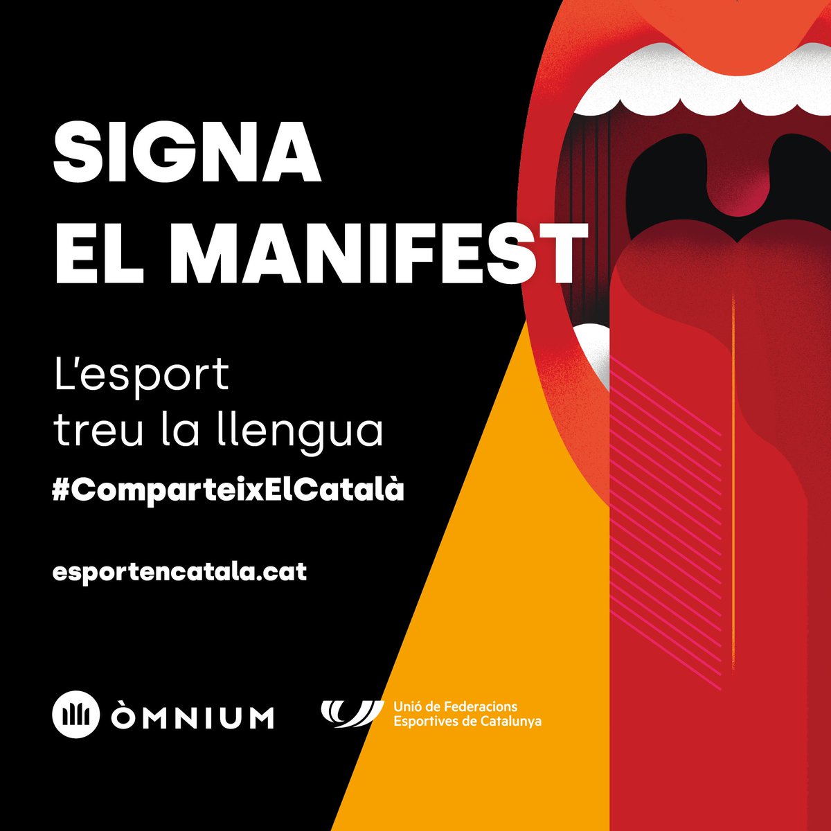 👅 Presentem la campanya 'L'esport treu la llengua', un compromís d' <a href="/omnium/">Òmnium Cultural</a>, la <a href="/UFECcat/">Unió de Federacions Esportives de Catalunya</a> i les principals federacions i clubs esportius del país per firmar un gran acord per potenciar l’ús del català a l’esport  

#ComparteixElCatalà 
👉 esportencatala.cat