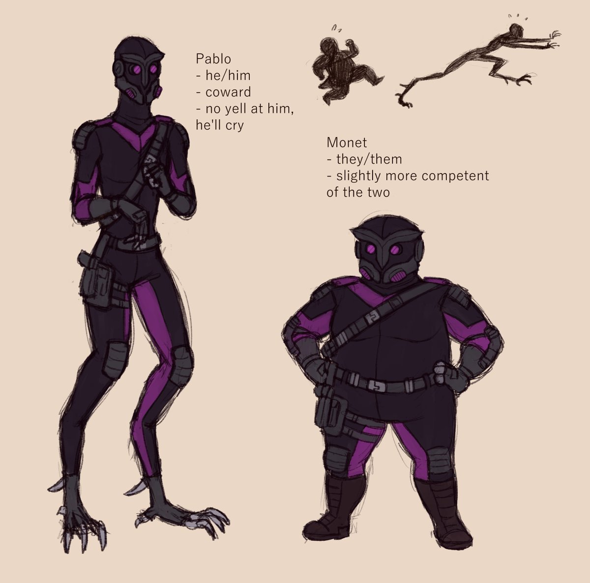 Villains? Villains.
So first off we have the standard uniform of the group hunting the protagonists, then I updated the design of their commander, and finally we have the comic relief bumbling henchman duo who share one braincell.
