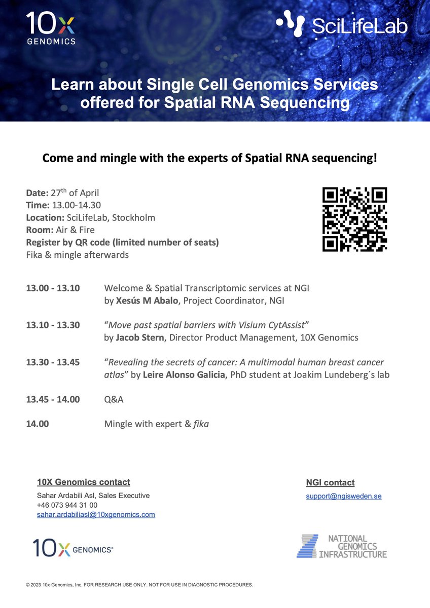 ⏰ Event Alert: 27 April! 
Come join us for an hour-long session on all things #SpatialTranscriptomics #VisiumCytAssist, co-organised by us and <a href="/10xGenomics/">10x Genomics</a>. 
✍️This in-person event will be held at <a href="/scilifelab/">SciLifeLab</a> (Campus Solna), please sign up using the QR code 👇