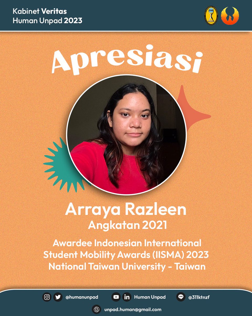 humanunpad's tweet photo. [APRESIASI: IISMA 2023]

Halo, Kerabat! 

Segenap Kerabat Huria Mahasiswa Antropologi mengucapkan selamat kepada Arraya Razleen (Antropologi 2021) yang berhasil menjadi Indonesian International Student Mobility Awards (IISMA) Awardee 2023 di National Taiwan University. https://t.co/9hhrEVjr96