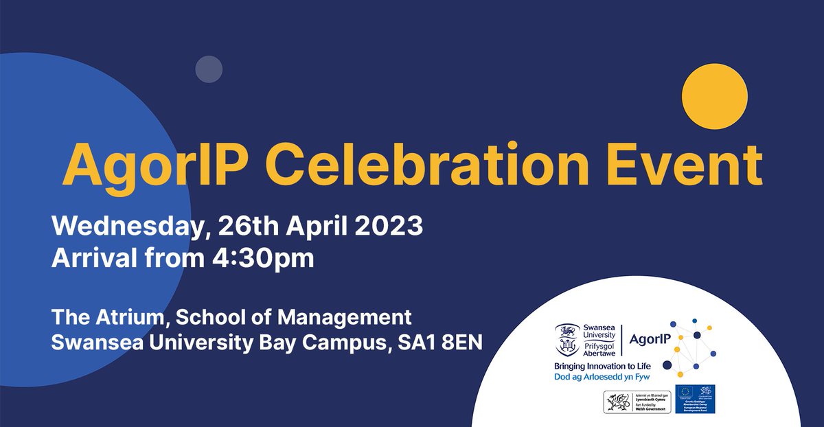 AgorIP (@agorip_swan) on Twitter photo Not long to go- have you RSVP'd yet?!
We'll be sharing our agenda in the next few days- keep your eyes peeled 👀
Please send your RSVP to c.l.reimnitz@swansea.ac.uk or follow this link for your free ticket: eventbrite.co.uk/e/agorip-celeb…
#EUFundsCymru #Innovation #WorldIPDay Not long to go- have you RSVP'd yet?!
We'll be sharing our agenda in the next few days- keep your eyes peeled 👀
Please send your RSVP to c.l.reimnitz@swansea.ac.uk or follow this link for your free ticket: eventbrite.co.uk/e/agorip-celeb…
#EUFundsCymru #Innovation #WorldIPDay