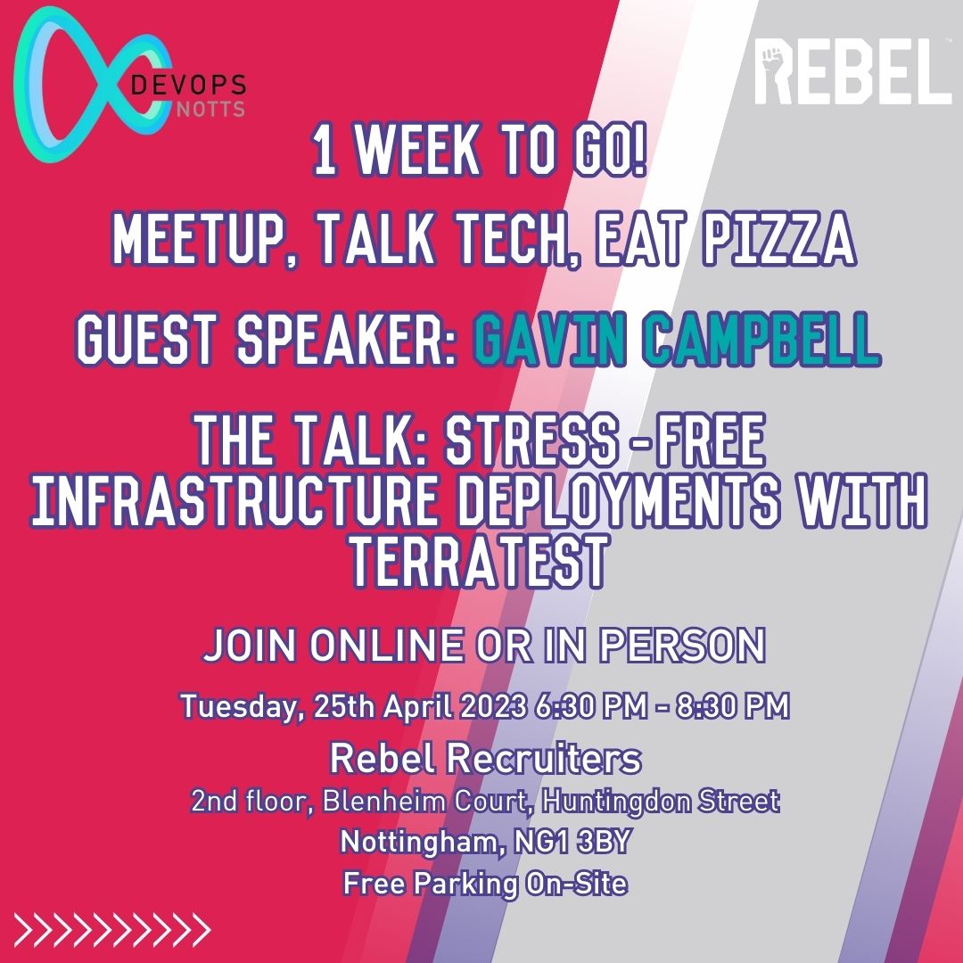 RebelRecruiters's tweet image. 1 week to go until the next DevOps Notts event! 🤩 Register here 👆 lnkd.in/ew8N78U7

Join us on the 25th of April at Rebel HQ (or on Zoom), this time the talk will be on &apos;Stress-Free Infrastructure Deployments with Terratest&apos;

#RebelRecruiters #DevOpsNotts #Meetup #Event