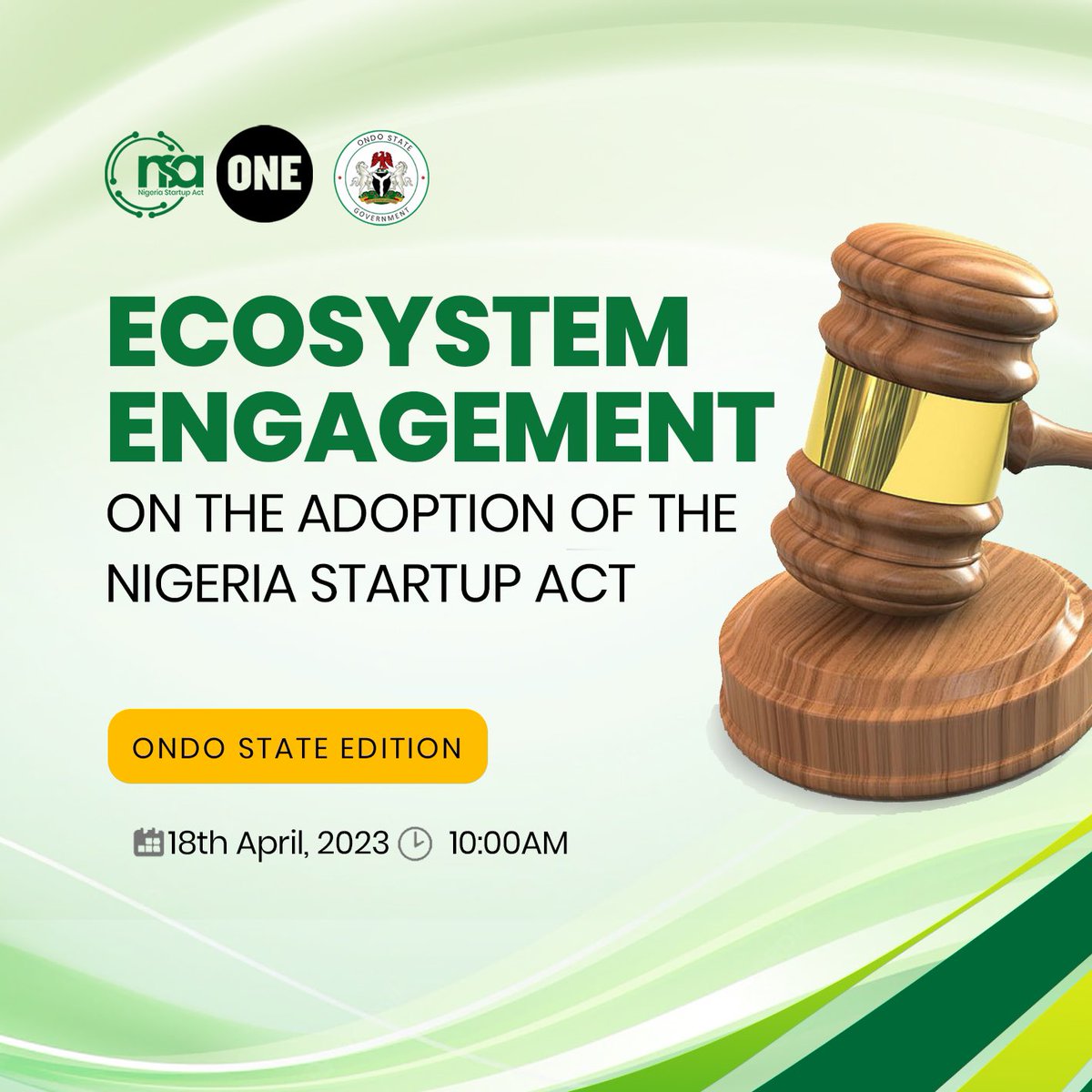 Today, the State Adoption team <a href="/nsa_stateadoptn/">NSA State Adoption</a> will be working with a cross section of Ondo State technology and business ecosystem stakeholders to create a roadmap towards adopting the Nigeria Startup Act.